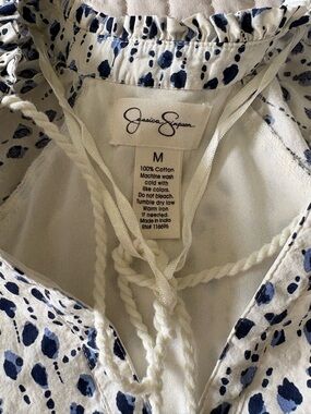 Jessica Simpson White Top with Navy Spot Print and Braided Ties
